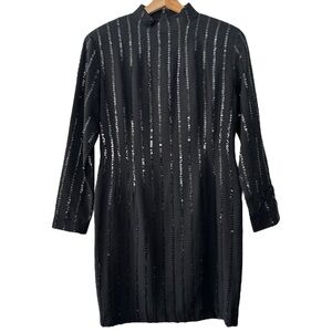 Pearl C. Black 100% Wool Sequin Mock Neck Long Sleeve Short Dress Formal Elegant